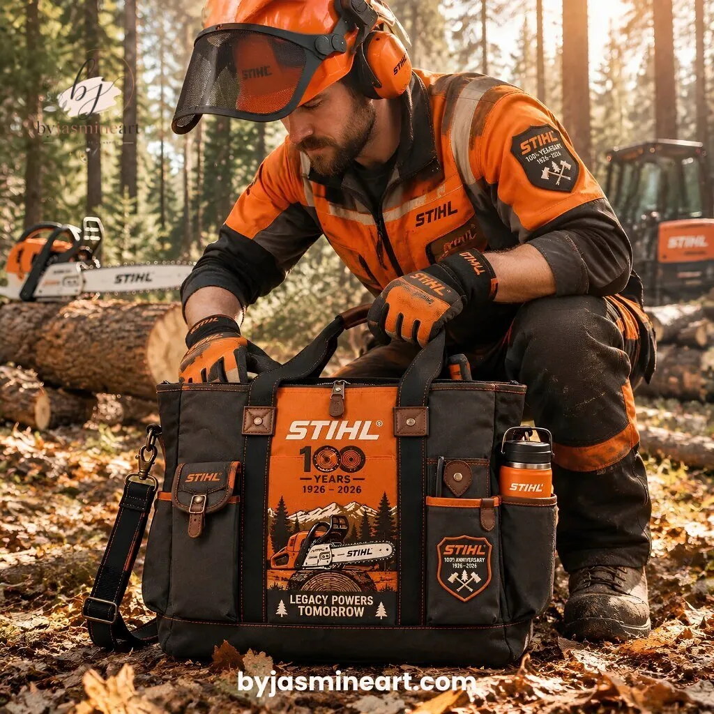 STIHL 100 Years Anniversary Waxed Canvas Tote Bag 1926-2026 Legacy Powers Tomorrow 10 STIHL 100 years anniversary tote bag with orange center panel chainsaw wilderness design black waxed canvas and brown leather trim