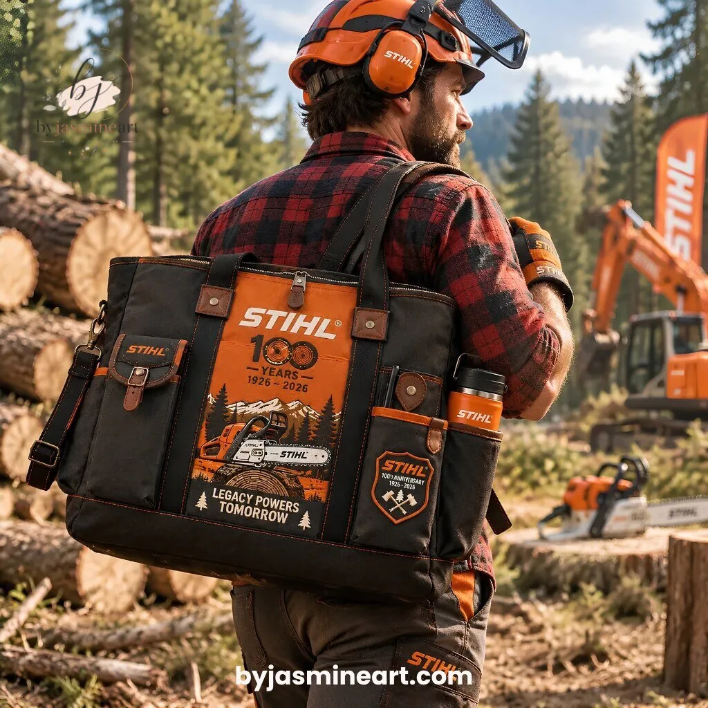 STIHL 100 Years Anniversary Waxed Canvas Tote Bag 1926-2026 Legacy Powers Tomorrow 11 STIHL 100 years anniversary tote bag with orange center panel chainsaw wilderness design black waxed canvas and brown leather trim