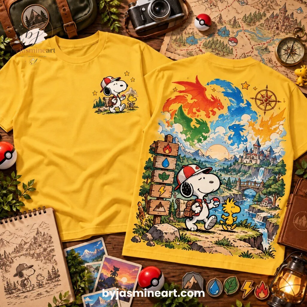 Snoopy Pokemon Adventure T-Shirt Elemental Quest Graphic Tee