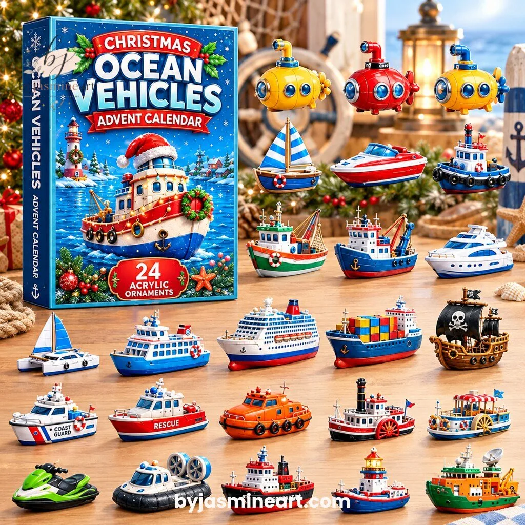 By Jasmine Art Christmas Ocean Vehicles Advent Calendar with 24 Acrylic Ornaments