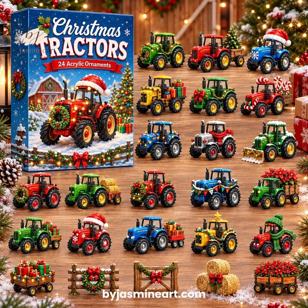 By Jasmine Art Christmas Tractors Advent Calendar with 24 Acrylic Ornaments